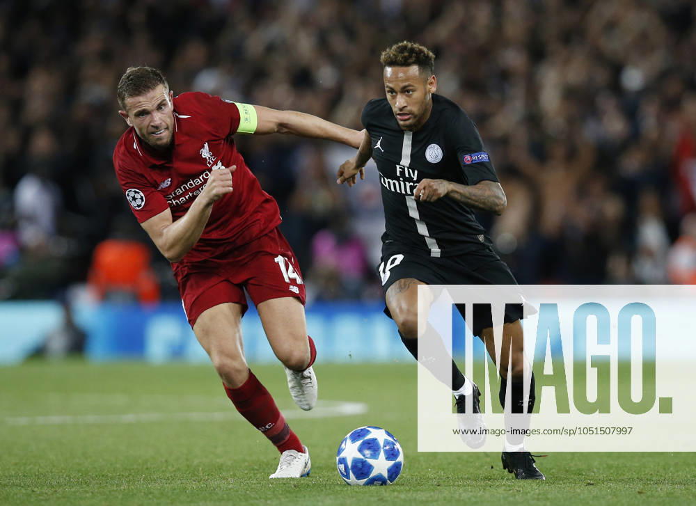 Liverpool v Paris Saint-Germain - UEFA Champions League - Group C - Anfield September 18, 2018 - Liverpool, United Kingdom - Liverpool midfielder Jordan Henderson tackles PSG forward Neymar Neymar during the UEFA Champions League - Group C match at the Anfield Stadium, Liverpool. Picture date 18th September 2018. Picture credit should read: Andrew Yates Sportimage Liverpool United Kingdom