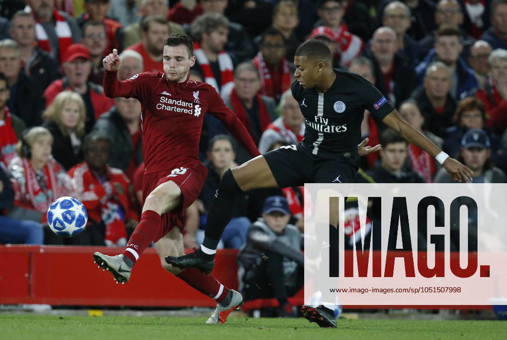 Liverpool v Paris Saint-Germain - UEFA Champions League - Group C - Anfield September 18, 2018 - Liverpool, United Kingdom - Liverpool defender Andy Robertson tackles PSG forward Kylian Mbappe during the UEFA Champions League - Group C match at the Anfield Stadium, Liverpool. Picture date 18th September 2018. Picture credit should read: Andrew Yates Sportimage Liverpool United Kingdom