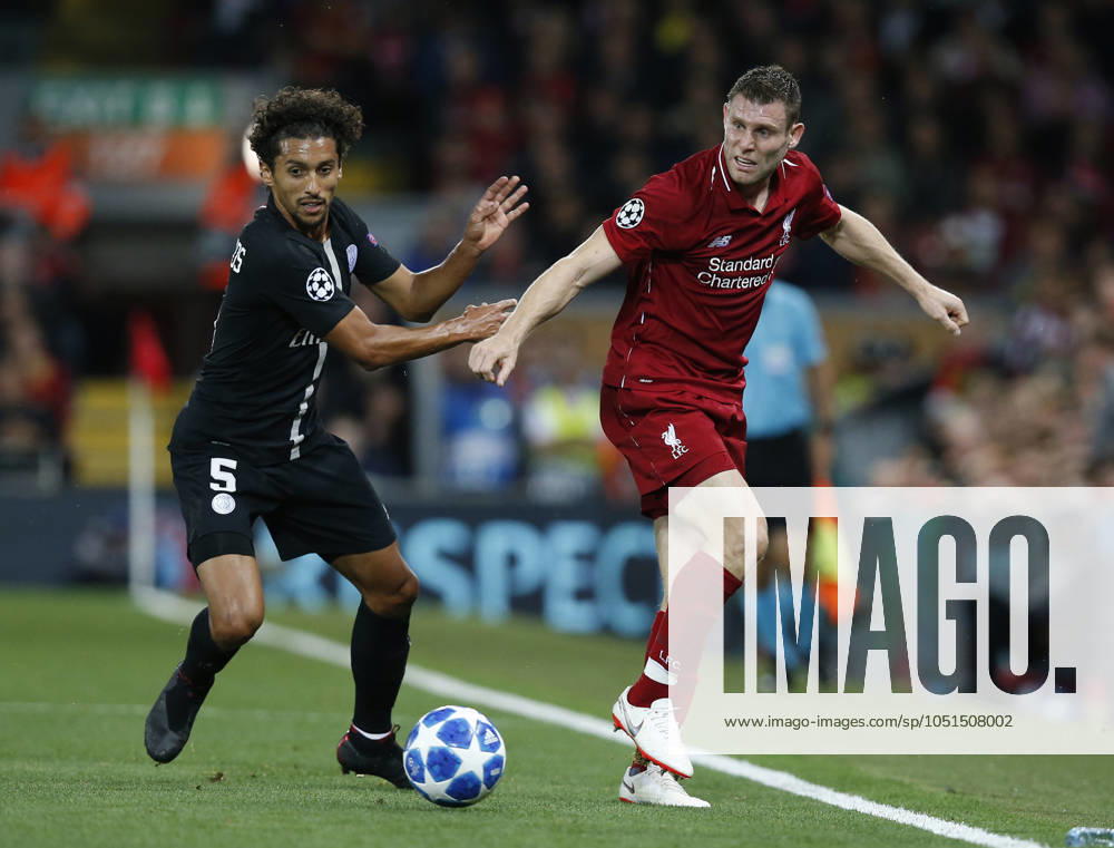 Liverpool v Paris Saint-Germain - UEFA Champions League - Group C - Anfield September 18, 2018 - Liverpool, United Kingdom - PSG defender Marcos Marquinhos tackles Liverpool midfielder James Milner during the UEFA Champions League - Group C match at the Anfield Stadium, Liverpool. Picture date 18th September 2018. Picture credit should read: Andrew Yates Sportimage Liverpool United Kingdom