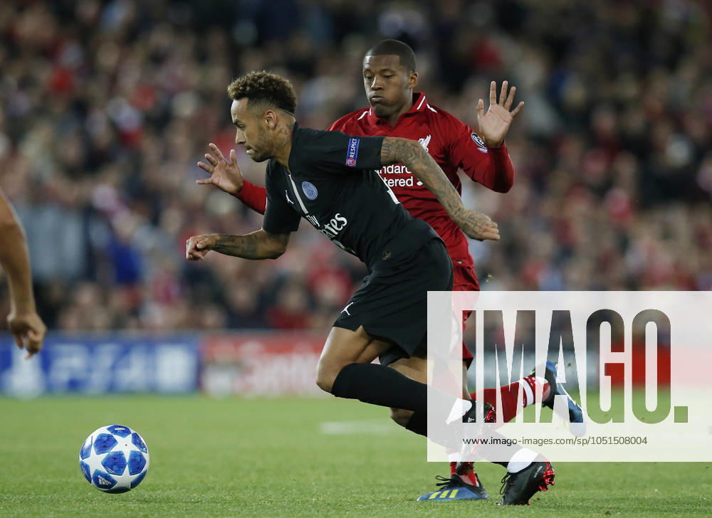 Liverpool v Paris Saint-Germain - UEFA Champions League - Group C - Anfield September 18, 2018 - Liverpool, United Kingdom - PSG forward Neymar Neymar tackled by Liverpool midfielder Georginio Wijnaldum during the UEFA Champions League - Group C match at the Anfield Stadium, Liverpool. Picture date 18th September 2018. Picture credit should read: Andrew Yates Sportimage Liverpool United Kingdom