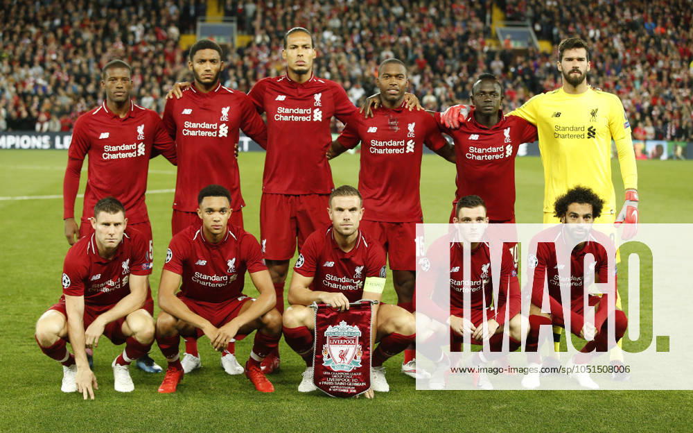 Liverpool v Paris Saint-Germain - UEFA Champions League - Group C - Anfield September 18, 2018 - Liverpool, United Kingdom - Liverpool team group, Mannschaftsbild, Totale back row from left: Georginio Wijnaldum, Joe Gomez, Virgil van Dijk, Daniel Sturridge, Sadio Mane, Alisson Becker..Front row from left: James Milner, Trent Alexander-Arnold, Jordan Henderson, Andy Robertson and Mohamed Salah of Liverpool during the UEFA Champions League - Group C match at the Anfield Stadium, Liverpool. Picture date 18th September 2018. Picture credit should read: Andrew Yates Sportimage Liverpool United Kingdom