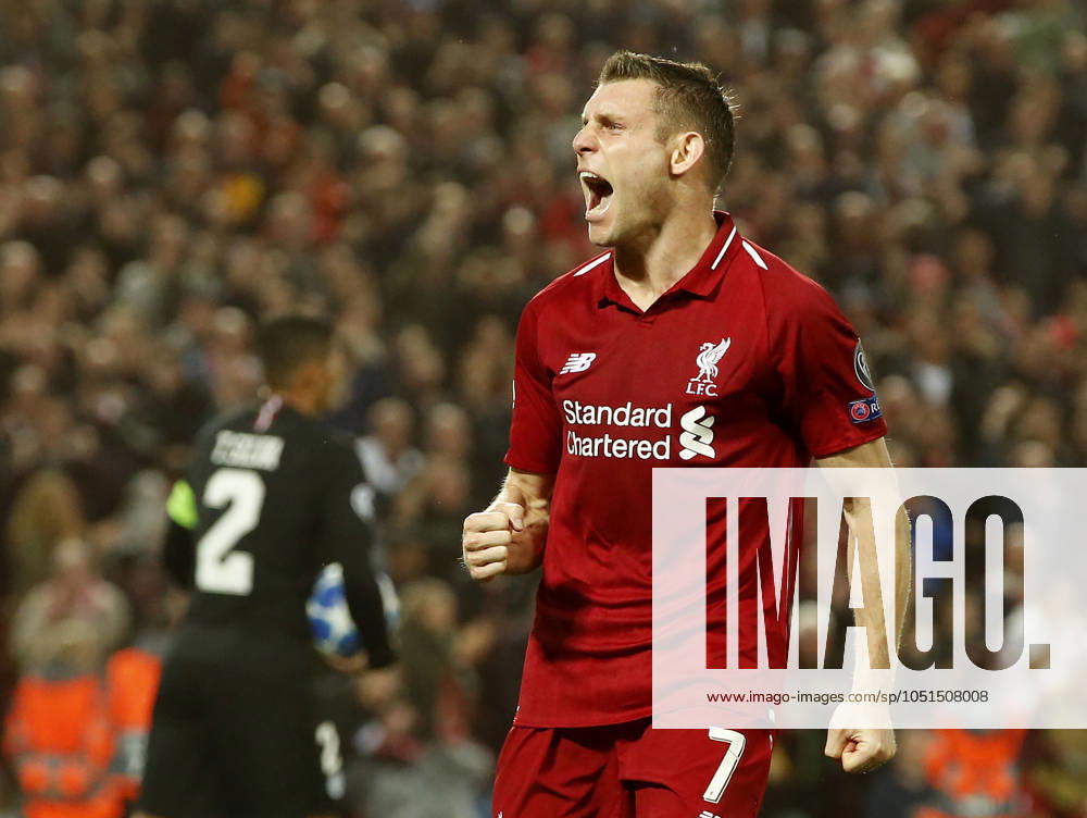 Liverpool v Paris Saint-Germain - UEFA Champions League - Group C - Anfield September 18, 2018 - Liverpool, United Kingdom - Liverpool midfielder James Milner celebrates scoring the second goal during the UEFA Champions League - Group C match at the Anfield Stadium, Liverpool. Picture date 18th September 2018. Picture credit should read: Andrew Yates Sportimage Liverpool United Kingdom
