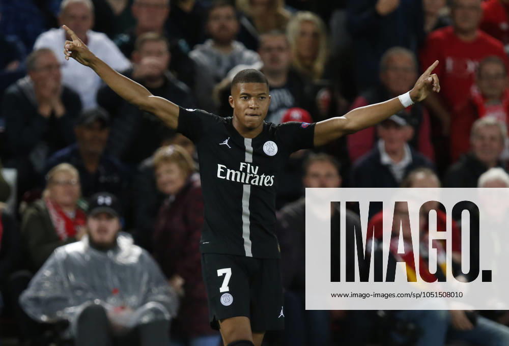 Liverpool v Paris Saint-Germain - UEFA Champions League - Group C - Anfield September 18, 2018 - Liverpool, United Kingdom - PSG forward Kylian Mbappe celebrates scoring their second goal during the UEFA Champions League - Group C match at the Anfield Stadium, Liverpool. Picture date 18th September 2018. Picture credit should read: Andrew Yates Sportimage Liverpool United Kingdom
