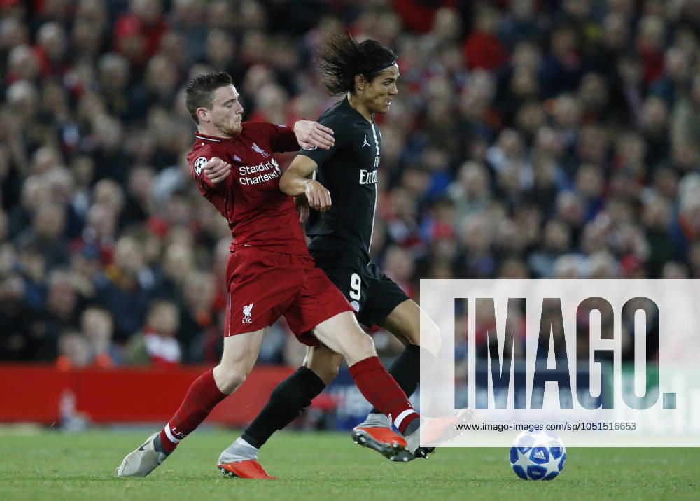 Liverpool v Paris Saint-Germain - UEFA Champions League - Group C - Anfield September 18, 2018 - Liverpool, United Kingdom - Liverpool defender Andy Robertson tackles PSG forward Edinson Cavani during the UEFA Champions League - Group C match at the Anfield Stadium, Liverpool. Picture date 18th September 2018. Picture credit should read: Andrew Yates Sportimage Liverpool United Kingdom