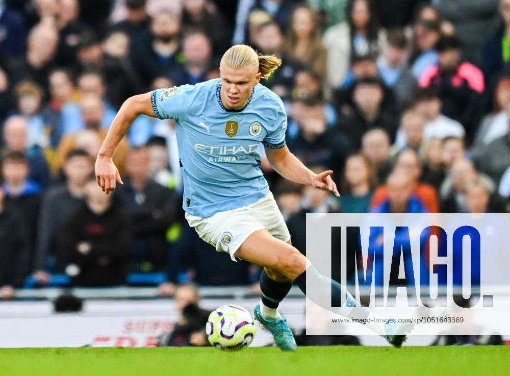 Manchester City v Fulham Premier League Erling Haaland of Manchester City during the Premier League match at the Etihad Stadium, Manchester UK Newspapers OUT