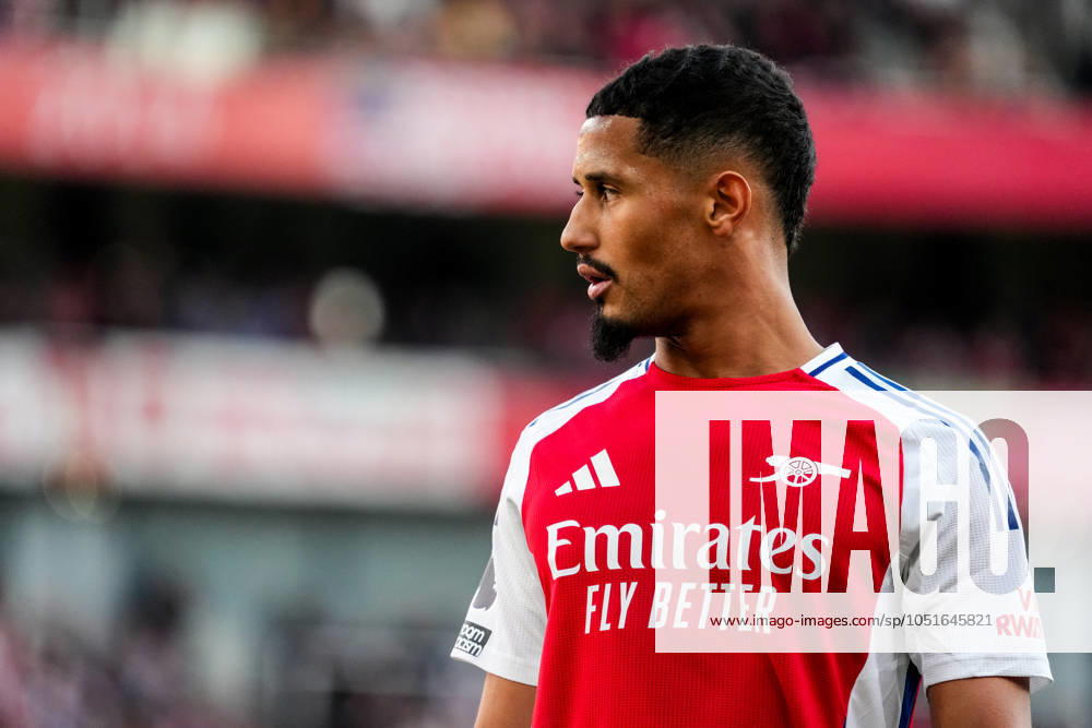 William Saliba of Arsenal FC looks on during the Premier League match between Arsenal FC and Southampton FC at Emirates Stadium on October 5, 2024 in London, England. (Photo by Rene Nijhuis)