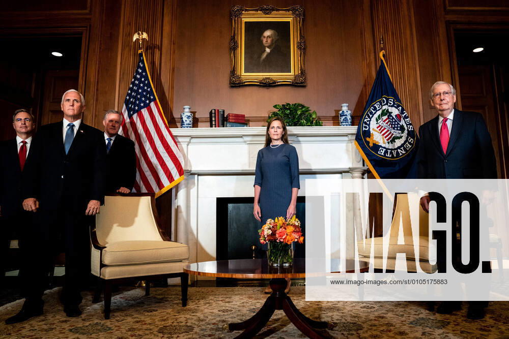 Judge Amy Coney Barrett, President Donald Trump s nominee to the Supreme Court, meets with Senate Majority Leader Mitch McConnell and Vice President Mike Pence in the Capitol in Washington, DC on Tuesday, September 29, 2020. Barret will meet with Senators before her confirmation hearing. Pool WAXP2020092905 ErinxSchaff