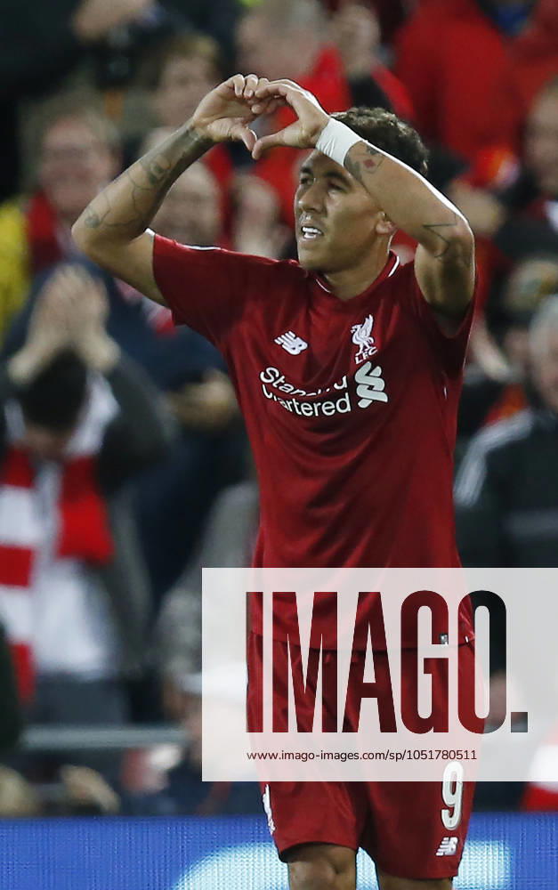 Liverpool v Paris Saint-Germain - UEFA Champions League - Group C - Anfield September 18, 2018 - Liverpool, United Kingdom - Liverpool forward Roberto Firmino celebrates celebrating scoring the third and winning goal during the UEFA Champions League - Group C match at the Anfield Stadium, Liverpool. Picture date 18th September 2018. Picture credit should read: Andrew Yates Sportimage Liverpool United Kingdom