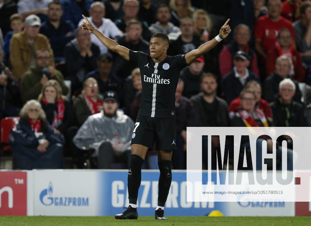 Liverpool v Paris Saint-Germain - UEFA Champions League - Group C - Anfield September 18, 2018 - Liverpool, United Kingdom - PSG forward Kylian Mbappe celebrates scoring their second goal during the UEFA Champions League - Group C match at the Anfield Stadium, Liverpool. Picture date 18th September 2018. Picture credit should read: Andrew Yates Sportimage Liverpool United Kingdom