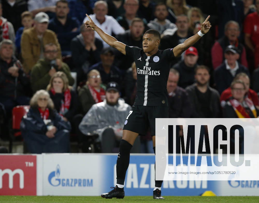 Liverpool v Paris Saint-Germain - UEFA Champions League - Group C - Anfield September 18, 2018 - Liverpool, United Kingdom - PSG forward Kylian Mbappe celebrates scoring their second goal during the UEFA Champions League - Group C match at the Anfield Stadium, Liverpool. Picture date 18th September 2018. Picture credit should read: Andrew Yates Sportimage Liverpool United Kingdom