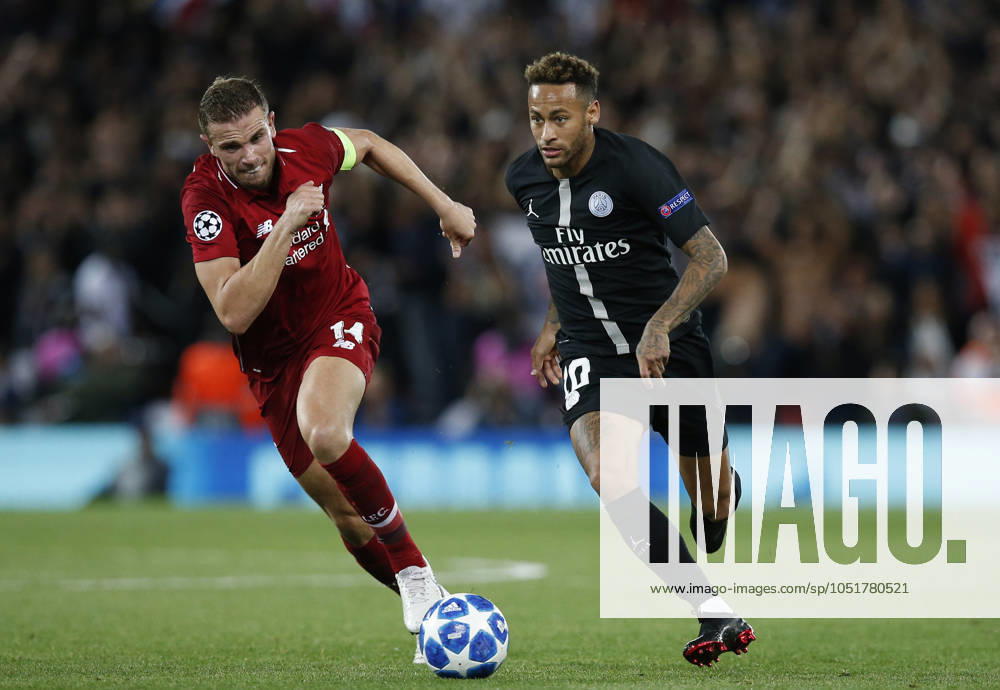 Liverpool v Paris Saint-Germain - UEFA Champions League - Group C - Anfield September 18, 2018 - Liverpool, United Kingdom - Liverpool midfielder Jordan Henderson tackles PSG forward Neymar Neymar during the UEFA Champions League - Group C match at the Anfield Stadium, Liverpool. Picture date 18th September 2018. Picture credit should read: Andrew Yates Sportimage Liverpool United Kingdom