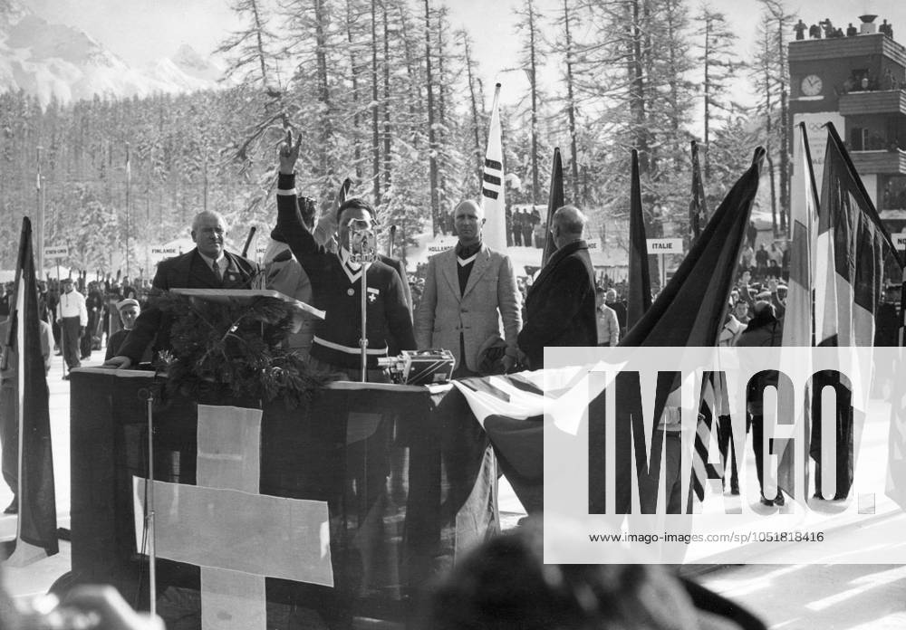 SWITZERLAND SAINT MORITZ 1948 01 30 Riccardo Torriani, Switzerland, reads the Olympic Oath during the opening ceremony at the 1948 Winter Olympics Sankt Moritz Switzerland OS sp sw