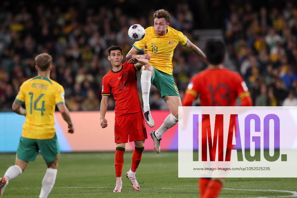 SOCCER AUSTRALIA CHINA, Harry Souttar of Australia clashes with Behram Abduweli of China PR during the Men s World Cup qualifier match between Australia and China PR at Adelaide Oval in Adelaide, Thursday, October 10, 2024. ( NO ARCHIVING, , NO USE IN BOOKS WITHOUT CONSENT ADELAIDE SOUTH AUSTRALIA AUSTRALIA