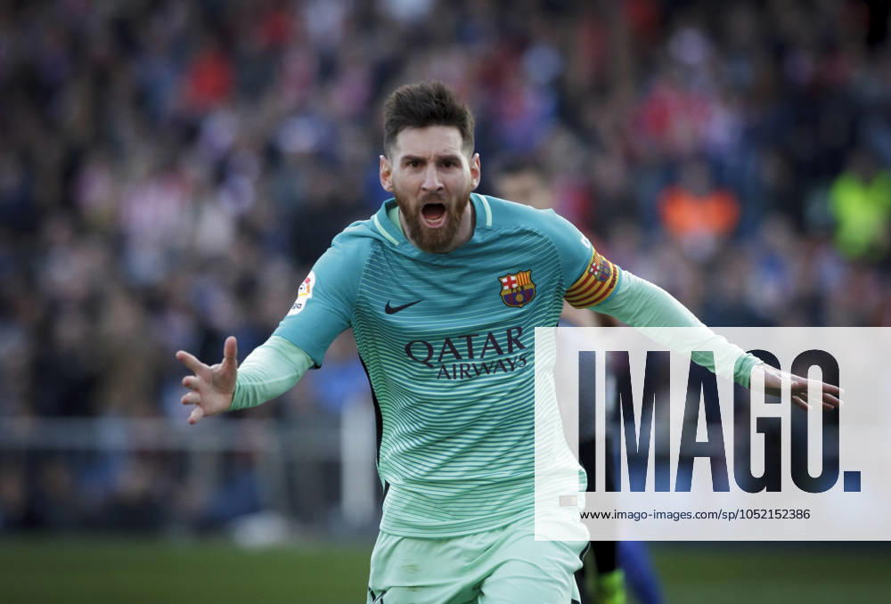 AtlÃ tico de Madrid v Barcelona - La Liga MADRID, SPAIN - FEBRUARY 26:Lionel Messi of FC Barcelona, Barca celebrates a goal during the Spanish League 2016 17 match between Atletico de Madrid and Barcelona, at Vicente Calderon Stadium in Madrid on February 26, 2017. (Photo by Guillermo Martinez) Madrid Vicente Calderon Stadium Spain