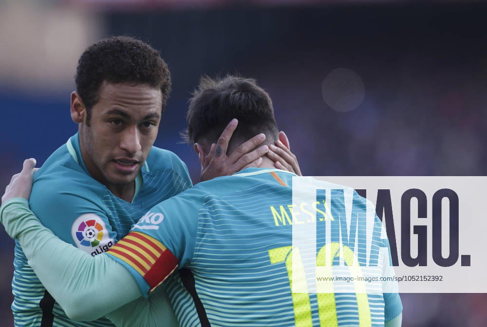 Atlà tico de Madrid v Barcelona - La Liga MADRID, SPAIN - FEBRUARY 26:Lionel Messi of FC Barcelona, Barca and Neymar Jr celebrates a goal during the Spanish League 2016 17 match between Atletico de Madrid and Barcelona, at Vicente Calderon Stadium in Madrid on February 26, 2017. (Photo by Guillermo Martinez) Madrid Vicente Calderon Stadium Spain