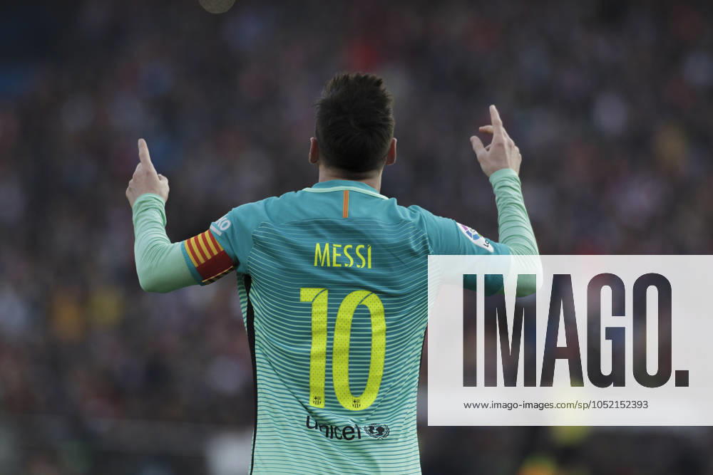 AtlÃ tico de Madrid v Barcelona - La Liga MADRID, SPAIN - FEBRUARY 26:Lionel Messi of FC Barcelona, Barca celebrates a goal during the Spanish League 2016 17 match between Atletico de Madrid and Barcelona, at Vicente Calderon Stadium in Madrid on February 26, 2017. (Photo by Guillermo Martinez) Madrid Vicente Calderon Stadium Spain