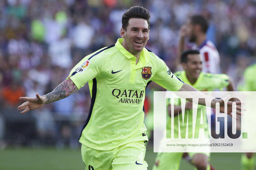 La Liga - Atletico de Madrid vs Barcelona MADRID, SPAIN - 17 May:Lionel Messi of Barcelona celebrates a goal during La Liga 2014 15 match between Atletico de Madrid and Barcelona at Vicente Calderon Stadium. (Photo by Guillermo Martinez) Madrid Vicente Calderon Stadium Spain