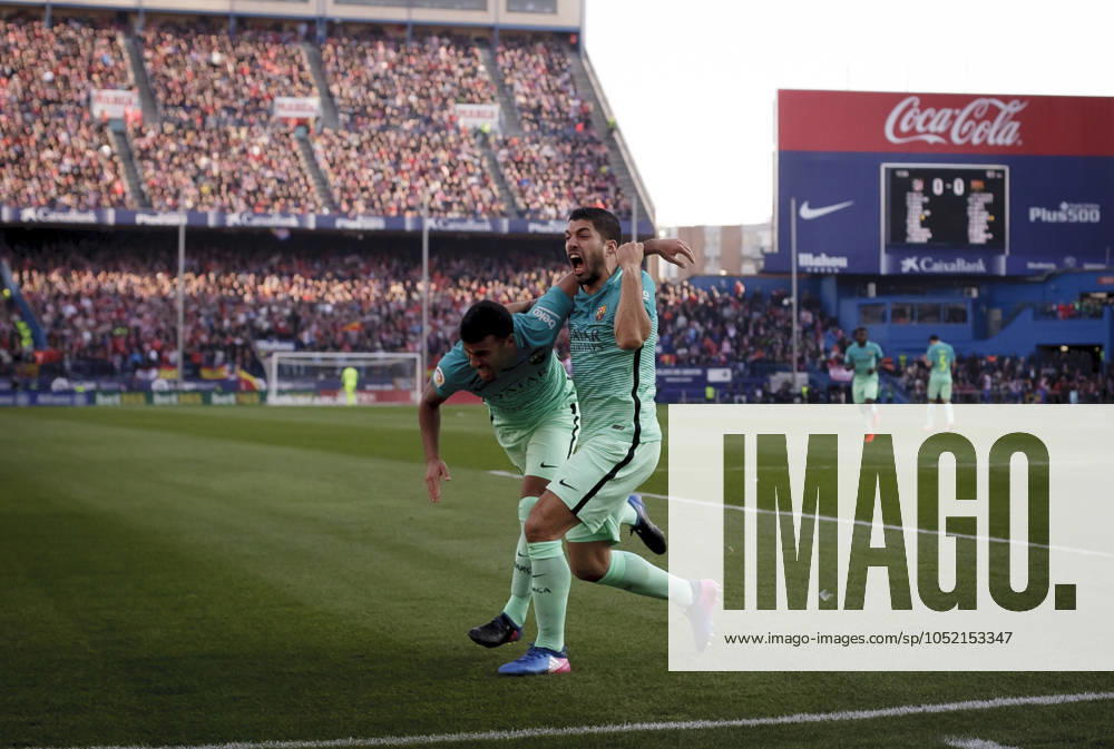 Atlà tico de Madrid v Barcelona - La Liga MADRID, SPAIN - FEBRUARY 26:Luis Suarez of FC Barcelona, Barca and Raphina of Barcelona celebrates a goal during the Spanish League 2016 17 match between Atletico de Madrid and Barcelona, at Vicente Calderon Stadium in Madrid on February 26, 2017. (Photo by Guillermo Martinez) Madrid Vicente Calderon Stadium Spain