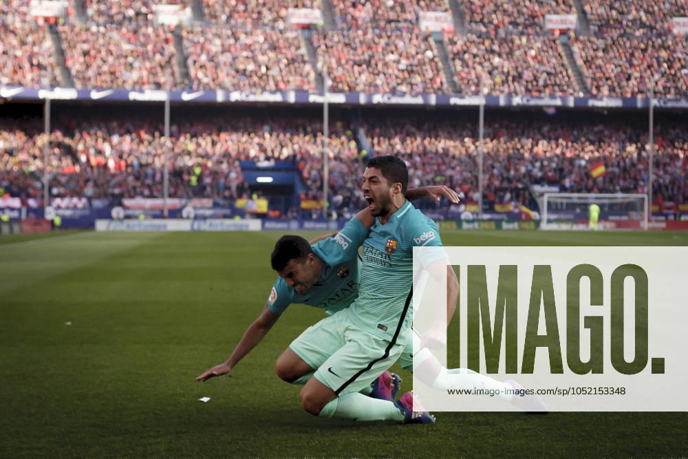 Atlà tico de Madrid v Barcelona - La Liga MADRID, SPAIN - FEBRUARY 26:Luis Suarez of FC Barcelona, Barca and Raphina of Barcelona celebrates a goal during the Spanish League 2016 17 match between Atletico de Madrid and Barcelona, at Vicente Calderon Stadium in Madrid on February 26, 2017. (Photo by Guillermo Martinez) Madrid Vicente Calderon Stadium Spain