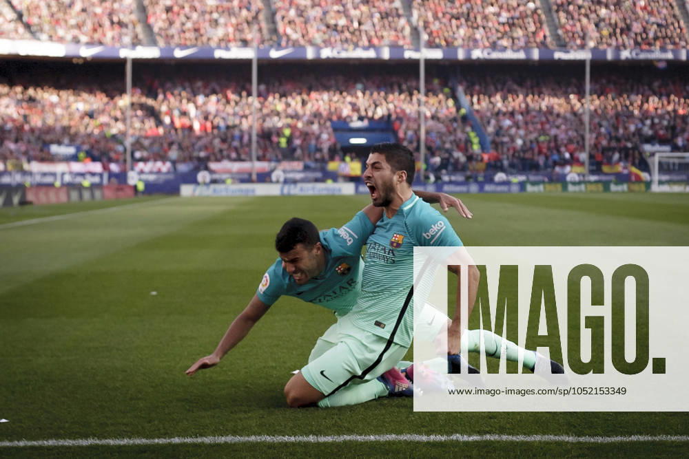 AtlÃ tico de Madrid v Barcelona - La Liga MADRID, SPAIN - FEBRUARY 26:Luis Suarez of FC Barcelona, Barca and Raphina of Barcelona celebrates a goal during the Spanish League 2016 17 match between Atletico de Madrid and Barcelona, at Vicente Calderon Stadium in Madrid on February 26, 2017. (Photo by Guillermo Martinez) Madrid Vicente Calderon Stadium Spain