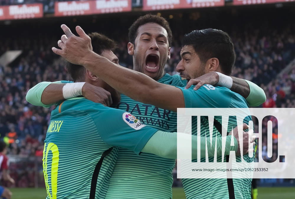AtlÃ tico de Madrid v Barcelona - La Liga MADRID, SPAIN - FEBRUARY 26:Lionel Messi, Neymar Jr and Luis Suarez of FC Barcelona, Barca celebrates a goal during the Spanish League 2016 17 match between Atletico de Madrid and Barcelona, at Vicente Calderon Stadium in Madrid on February 26, 2017. (Photo by Guillermo Martinez) Madrid Vicente Calderon Stadium Spain