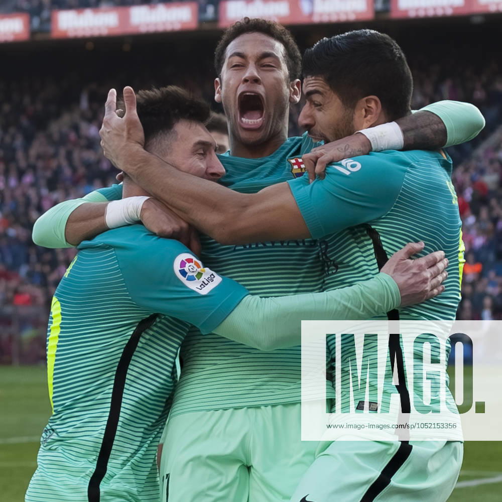AtlÃ tico de Madrid v Barcelona - La Liga MADRID, SPAIN - FEBRUARY 26:Lionel Messi, Neymar Jr and Luis Suarez of FC Barcelona, Barca celebrates a goal during the Spanish League 2016 17 match between Atletico de Madrid and Barcelona, at Vicente Calderon Stadium in Madrid on February 26, 2017. (Photo by Guillermo Martinez) Madrid Vicente Calderon Stadium Spain