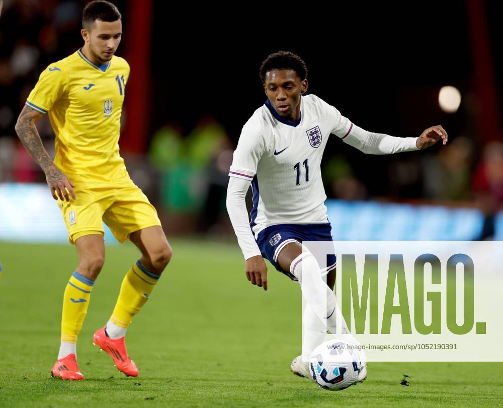 Jaden Philogene of England Under 21 goes past Nazar Voloshyn of Ukraine Under 21 England Under 21 v Ukraine Under 21, Football, UEFA Under 21 European Championship, EM, Europameisterschaft Qualification, Vitality Stadium, Bournemouth, UK - 11 10 2024 Editorial use only