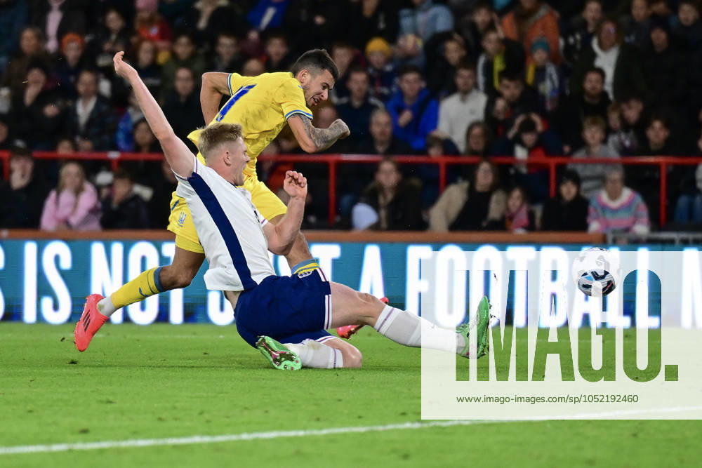 England Under 21 v Ukraine Under w1 UEFA EURO, EM, Europameisterschaft,Fussball U21, U 21 2025 Qualifiers Nazar Voloshyn of Ukraine u21 s is tackled by Lewis Hall of England u21 s during the UEFA Euro U21 2025 Qualifiers Group F match at the Vitality Stadium, Bournemouth UK Newspapers OUT