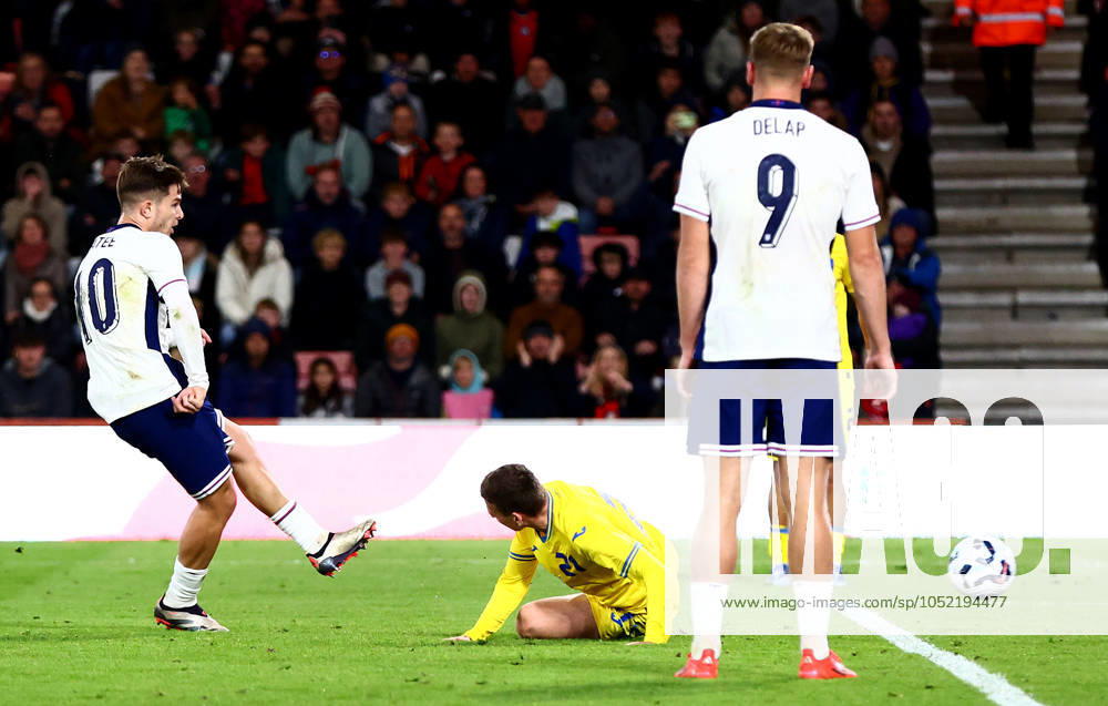 James McAtee of England scores a goal to make the score 2-1. England U21, U 21 v Ukraine U21, UEFA U21 Championship 2025 Qualification, Group F, Football, Vitality Stadium, Bournemouth, UK, 11 Oct 2024