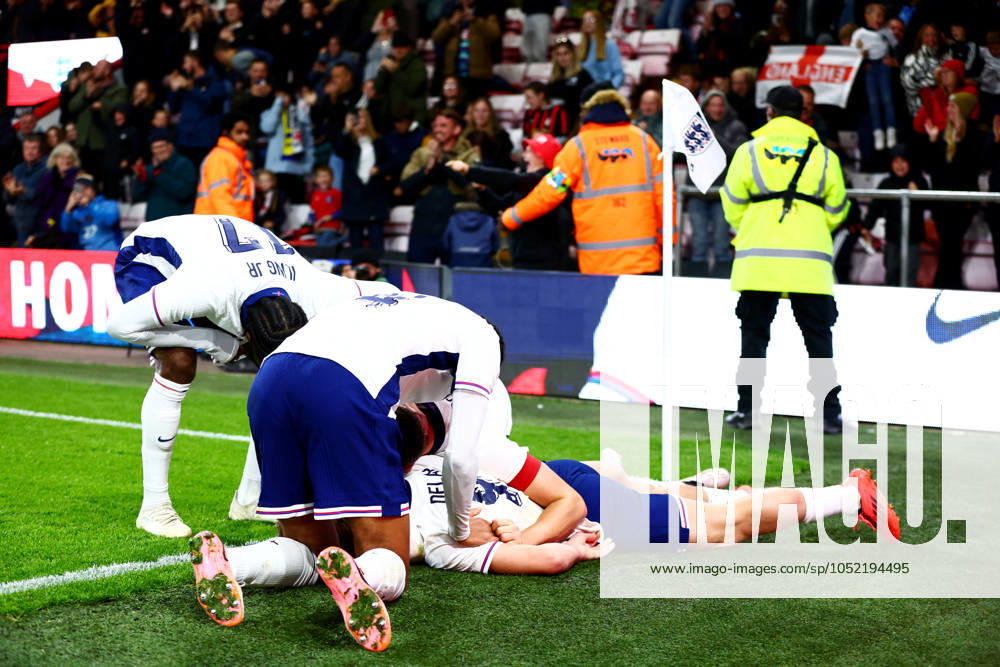 James McAtee of England celebrates scoring a goal after making the score 2-1. England U21, U 21 v Ukraine U21, UEFA U21 Championship 2025 Qualification, Group F, Football, Vitality Stadium, Bournemouth, UK, 11 Oct 2024