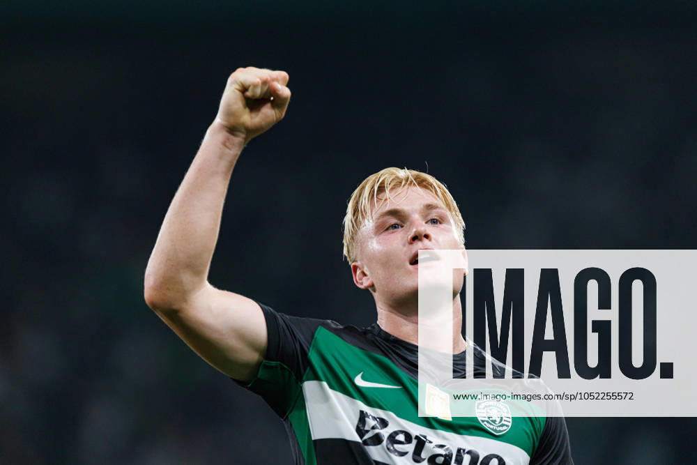 Conrad Harder seen celebrating after scoring goal during Liga Portugal game between teams of Sporting CP and AVS Futebol SAD at Estadio Jose Alvalade (Maciej Rogowski) Lisbon Estadio Jose Alvalade Portugal