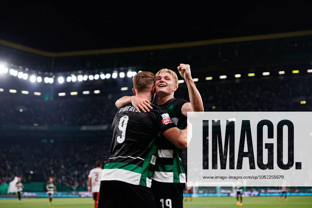 Viktor Gyokeres seen celebrating after scoring goal with Conrad Harder during Liga Portugal game between teams of Sporting CP and AVS Futebol SAD at Estadio Jose Alvalade (Maciej Rogowski) Lisbon Estadio Jose Alvalade Portugal