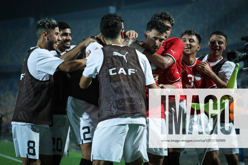 Egypt vs Mauritania - Africa Cup Of Nations Qualifier Mahmoud Ahmed of Egypt celebrates with a teammate after scoring the first goal during the Africa Cup of Nations Qualifiers 2025, match number 61, between Egypt and Mauritania at Cairo International Stadium in Cairo, Egypt, on October 11, 2024. Cairo Egypt