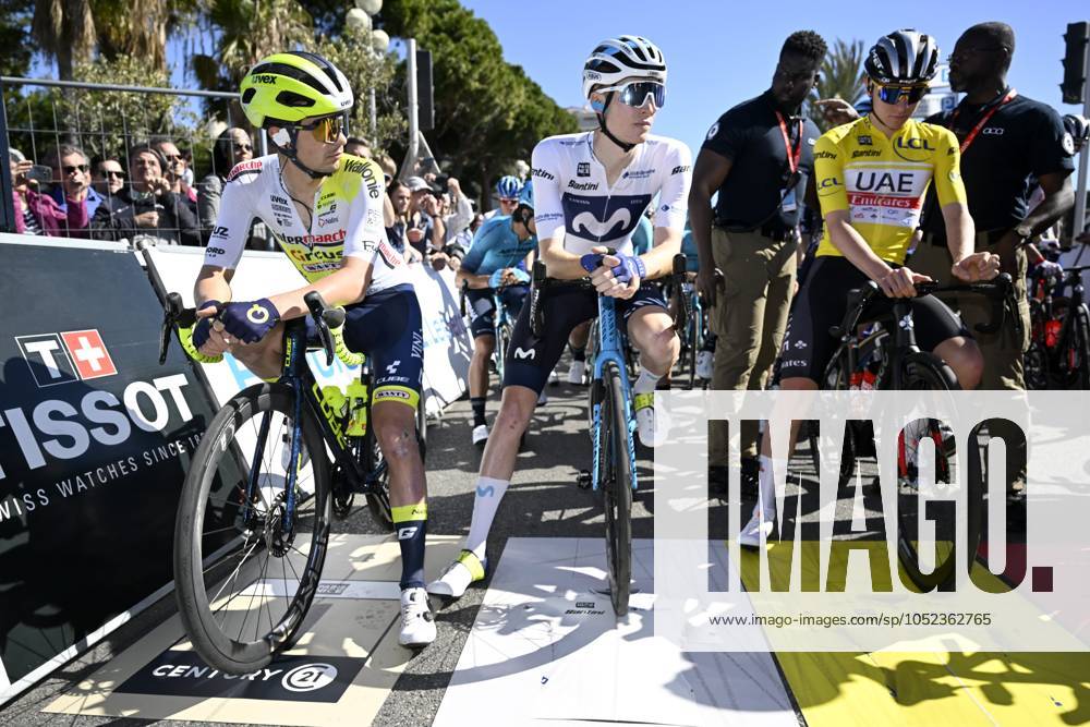 Paris - Nice 2023 - stage 8 NICE, FRANCE - MARCH 12 : Goossens Kobe (BEL) of Intermarche - Circus - Wanty, Pogacar Tadej (SVN) of UAE Team Emirates and Jorgenson Matteo (USA) of Movistar Team during stage 8 and final stage of the 81th edition of the Paris - Nice cycling race, a stage of 117,5km with start and finish in Nice on March 12, 2023 in Nice, France, 12 03 2023 ( Motordriver Kenny Verfaillie - Nice France