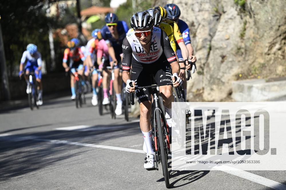 Paris - Nice 2023 - stage 8 NICE, FRANCE - MARCH 12 : Grosschartner Felix (AUT) of UAE Team Emirates is leading the peloton during stage 8 and final stage of the 81th edition of the Paris - Nice cycling race, a stage of 117,5km with start and finish in Nice on March 12, 2023 in Nice, France, 12 03 2023 ( Motordriver Kenny Verfaillie - Nice France