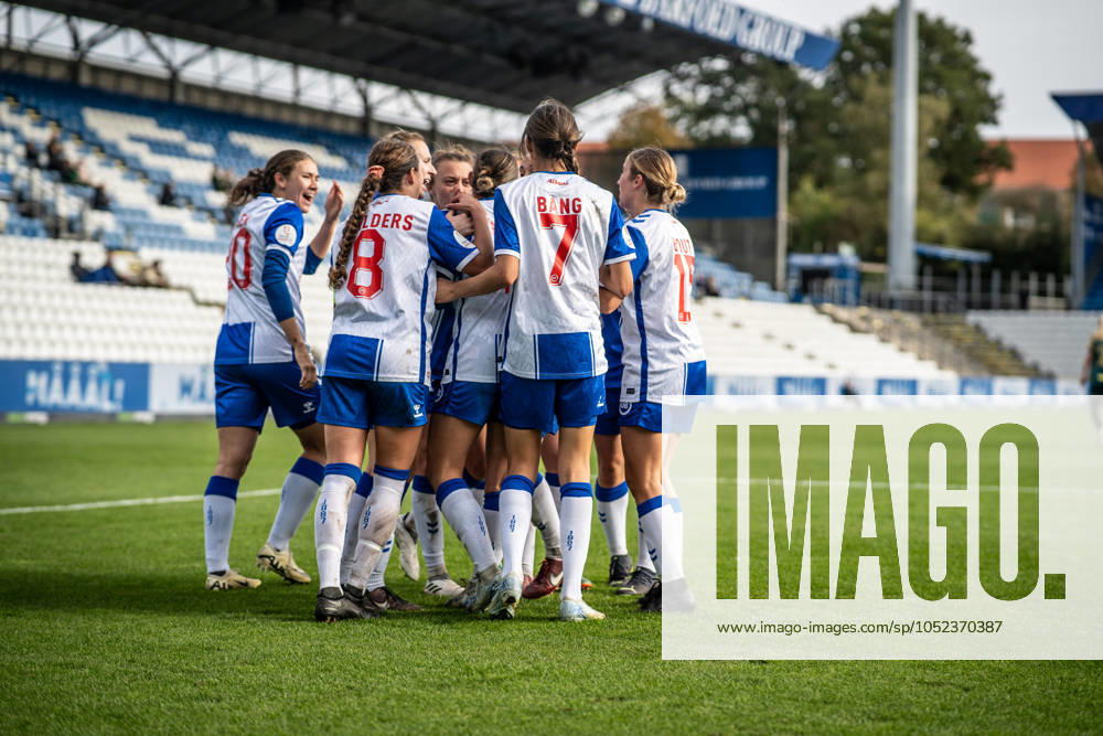 OB Q v HB Koge, Gjensidige Kvindeliga football, Odense, Denmark Odense, Denmark. 12th, October 2024. The players of OB Q seen in celebration after Sophia Rosario French equalises for 1-1 during the Gjensidige Kvindeliga match between OB Q and HB Koge at Nature Energy Park in Odense. Denmark, Odense