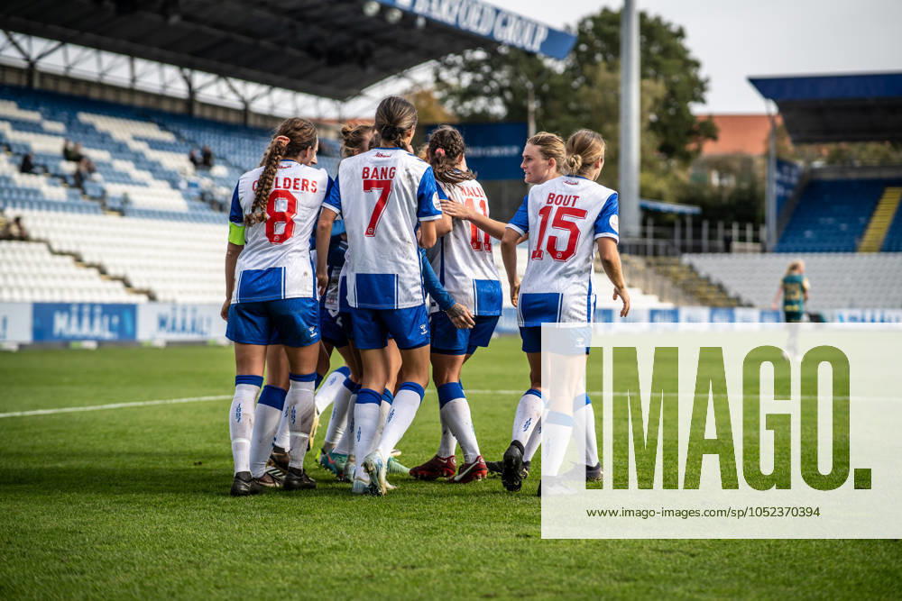 OB Q v HB Koge, Gjensidige Kvindeliga football, Odense, Denmark Odense, Denmark. 12th, October 2024. The players of OB Q seen in celebration after Sophia Rosario French equalises for 1-1 during the Gjensidige Kvindeliga match between OB Q and HB Koge at Nature Energy Park in Odense. Denmark, Odense