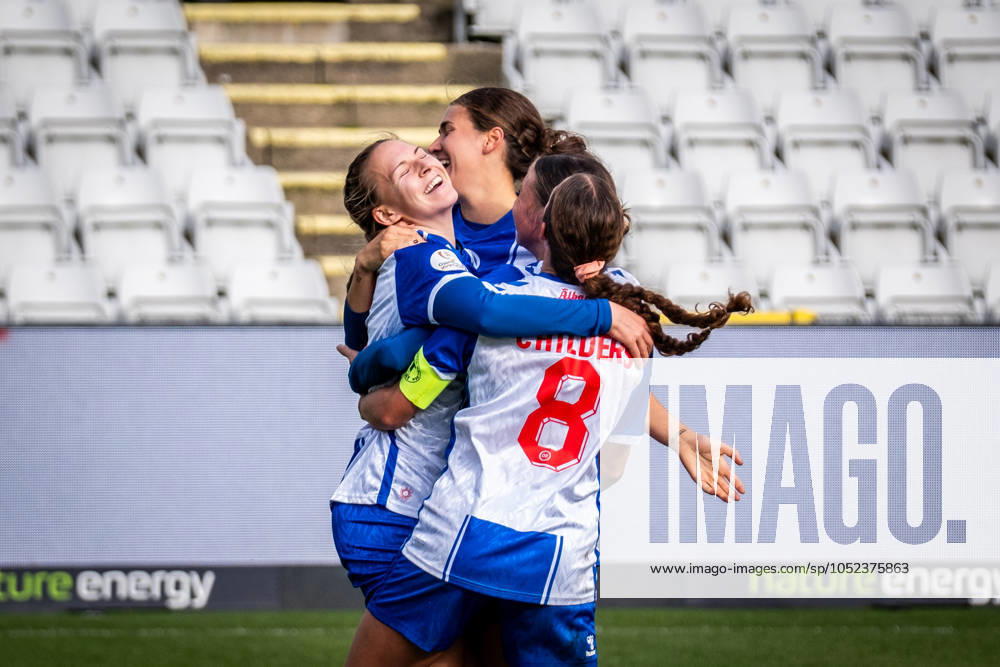 OB Q v HB Koge, Gjensidige Kvindeliga football, Odense, Denmark Odense, Denmark. 12th, October 2024. Sophia Rosario French scores a last-minute equaliser for 1-1 during the Gjensidige Kvindeliga match between OB Q and HB Koge at Nature Energy Park in Odense. Denmark, Odense