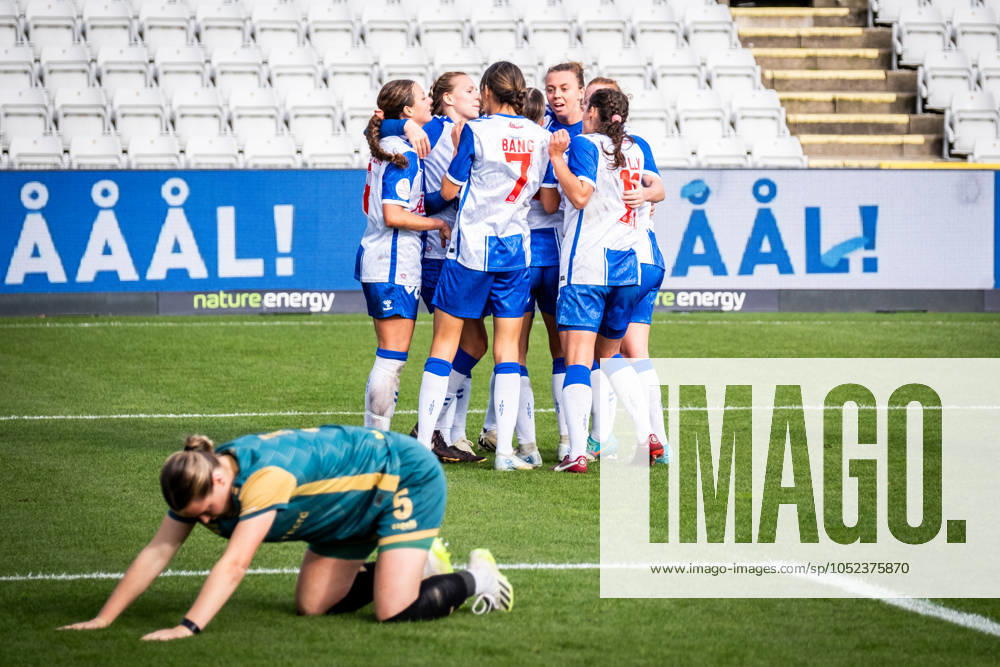 OB Q v HB Koge, Gjensidige Kvindeliga football, Odense, Denmark Odense, Denmark. 12th, October 2024. Sophia Rosario French scores a last-minute equaliser for 1-1 during the Gjensidige Kvindeliga match between OB Q and HB Koge at Nature Energy Park in Odense. Denmark, Odense
