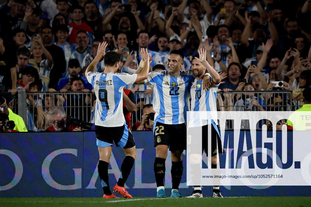 Julian Alvarez (L), Lautaro Martinez (C) and Lionel Messi of Argentina (R) celebrates during the match between Argentina and Bolivia as part of FIFA World Cup, WM, Weltmeisterschaft, Fussball 2026 Qualifiers at Estadio Mas Monumental, on October 15 2024 in Buenos Aires, Argentina Buenos Aires Argentina - ZUMAt163 20241015_zsp_t163_016