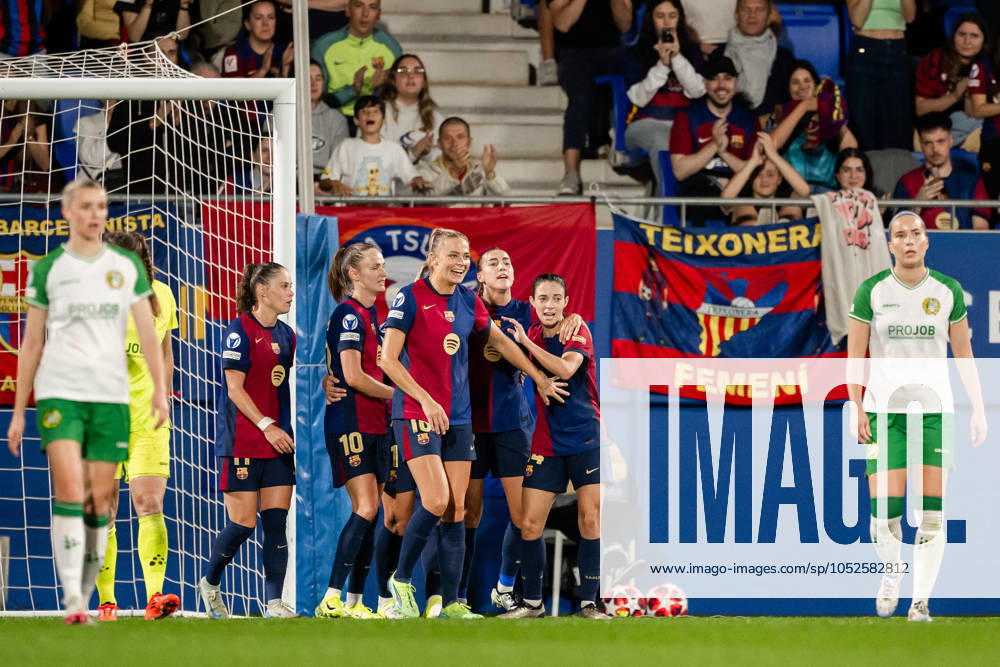 Fridolina Rolfö and Ewa Pajor of Barcelona celebrate after 6 0 goal during the Women s Champions League football match between Barcelona and Hammarby on October 16, 2024 in Barcelona Photo Johanna Säll BILDBYRAN kod JL JL0454 fotboll football soccer fotball uefa womens champions league barcelona hammarby dam bbeng jubel