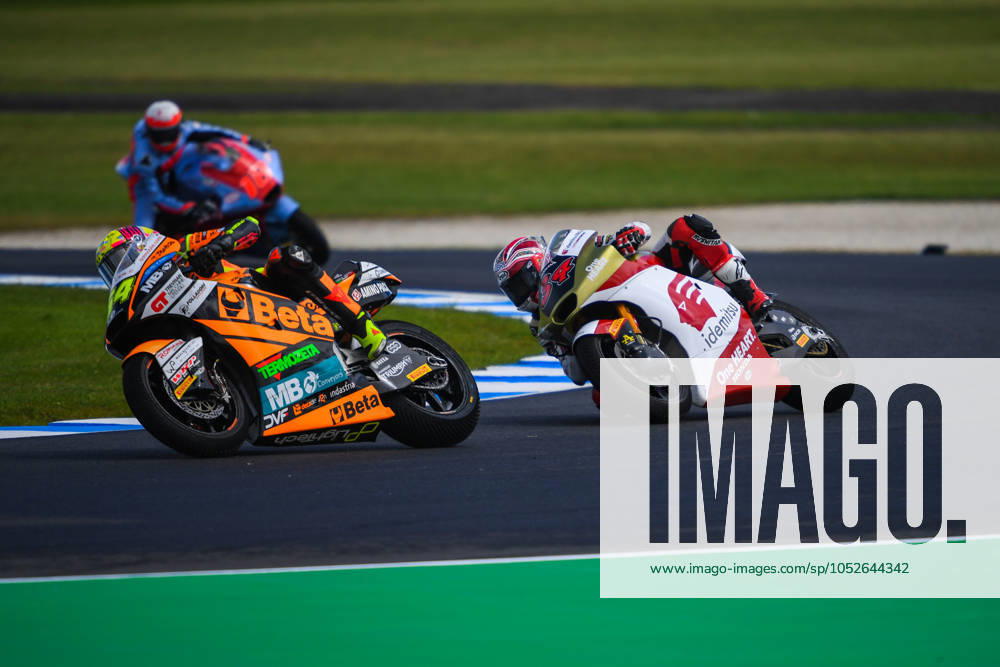 Fermin Aldeguer (L) of Spain and Mario Suryo Aji (R) of Indonesia are seen in action in Moto2â ¢ practice session on the day one of The Qatar Airways Australian Motorcycle Grand Prix 2024 at Phillip Island, Australia. The Qatar Airways Australian Motorcycle Grand Prix 2024 features the worlds best and emerging riders...Day one action saw some impressive performance in challenging conditions changing from pouring rain in the morning to bright sunny afternoon. Practice sessions included MotoGPâ ¢ category as well as Moto2â ¢ and Moto3â Phillip Island Australia - ZUMAs197 20241018_aaa_s197_799