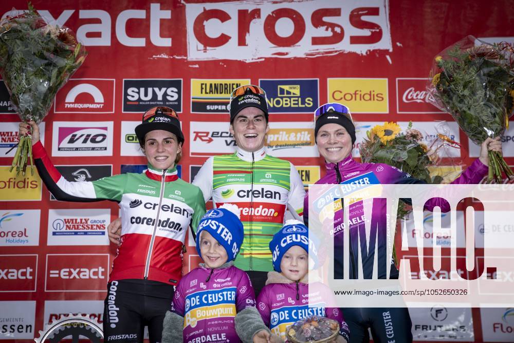 Italian Sara Casasola, Belgian Marion Norbert Riberolle and Belgian Laura Verdonschot pictured on the podium after the women s elite race of the Exact Cross Essen, stage 2 (out of 6) in the Exact Cross cyclocross competition, Saturday 19 October 2024, in Essen. KRISTOFxVANxACCOM x102963925x