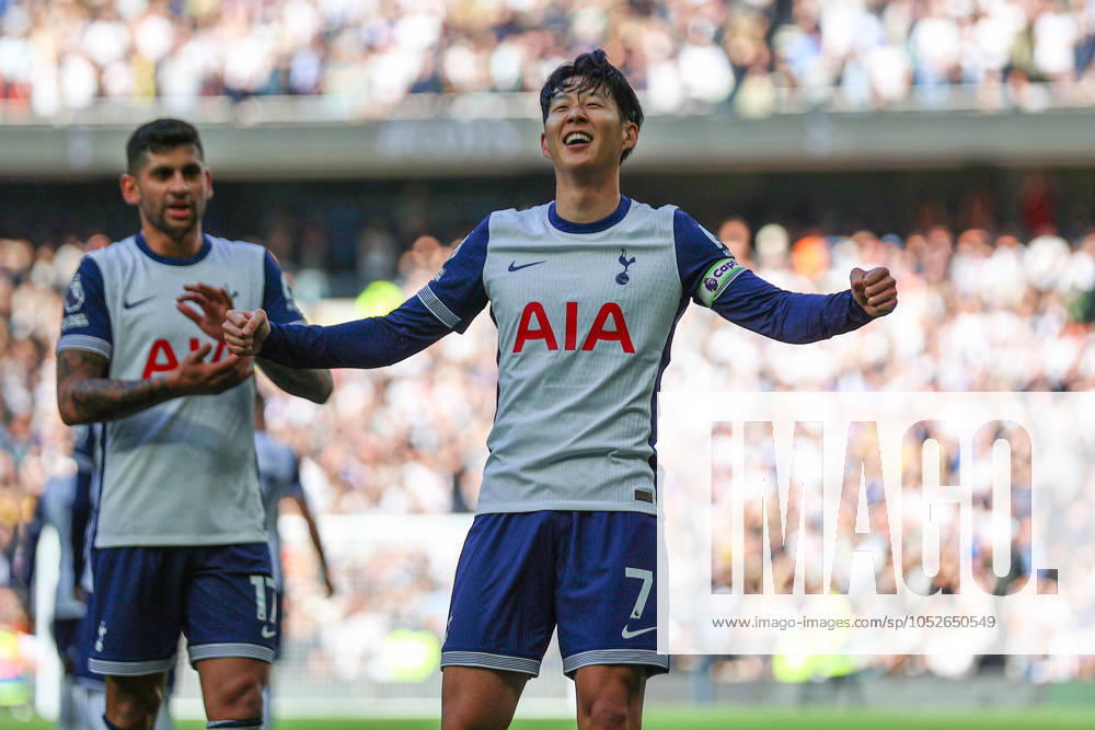 Tottenham Hotspur FC v West Ham United FC Heung-Min Son of Tottenham Hotspur scores a GOAL 4-1 and celebrates during the Tottenham Hotspur FC v West Ham United FC English Premier League match at the Tottenham Hotspur Stadium, London, England, United Kingdom on 19 October 2024 Editorial use only. All images are copyright Every Second Media Limited. No images may be reproduced without prior permission. All rights reserved. Premier League and Football League images are subject to licensing agreements with Football DataCo Limited. see https: www.football-dataco.com