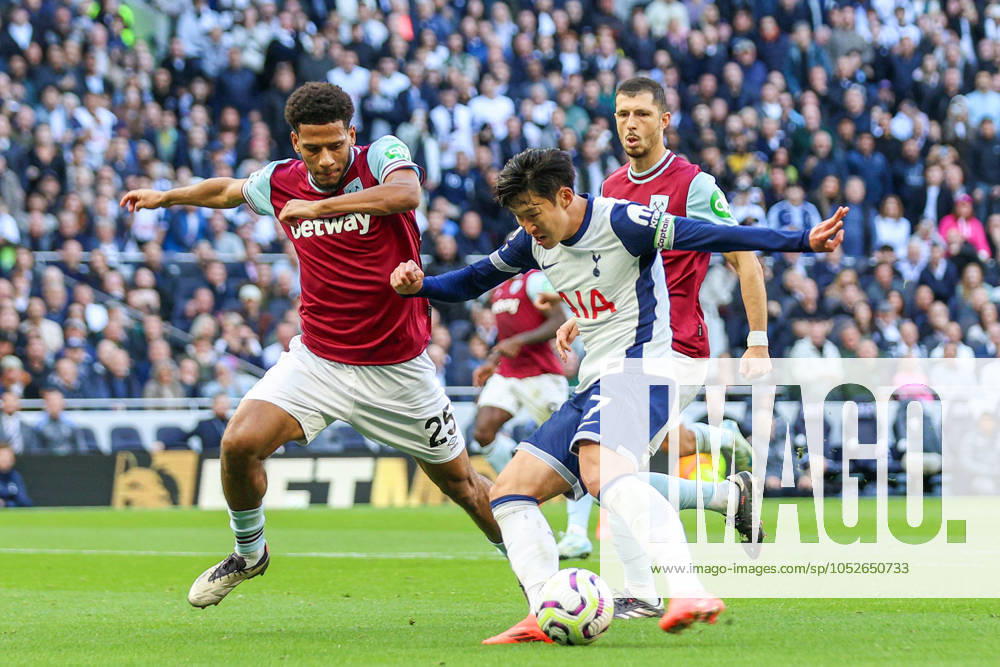 Tottenham Hotspur FC v West Ham United FC Heung-Min Son of Tottenham Hotspur scores a GOAL 4-1 and celebrates during the Tottenham Hotspur FC v West Ham United FC English Premier League match at the Tottenham Hotspur Stadium, London, England, United Kingdom on 19 October 2024 Editorial use only. All images are copyright Every Second Media Limited. No images may be reproduced without prior permission. All rights reserved. Premier League and Football League images are subject to licensing agreements with Football DataCo Limited. see https: www.football-dataco.com