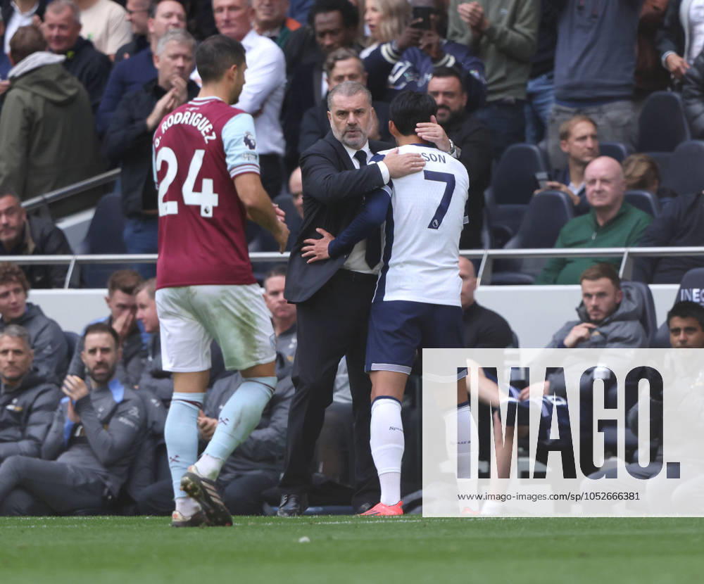 Ange Postecoglou (Spurs manager) gives Heung-Min Son (TH) a hug at the Tottenham Hotspur v West Ham United EPL match, at the Tottenham Hotspur Stadium, London, UK on 19th October 2024.