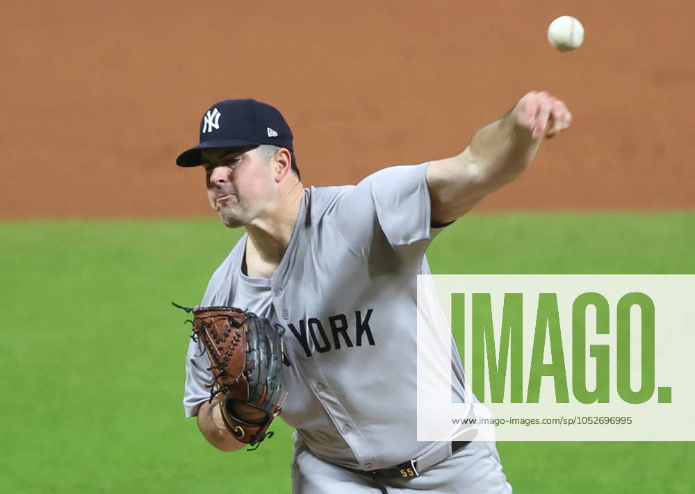 New York Yankees starting pitcher Carlos Rodon throws against the Cleveland Guardians in the first inning in game five of the MLB, Baseball Herren, USA ALCS at Progressive Field in Cleveland, Ohio, on Saturday, October 19, 2024. CLE20241019801 AARONxJOSEFCZYK