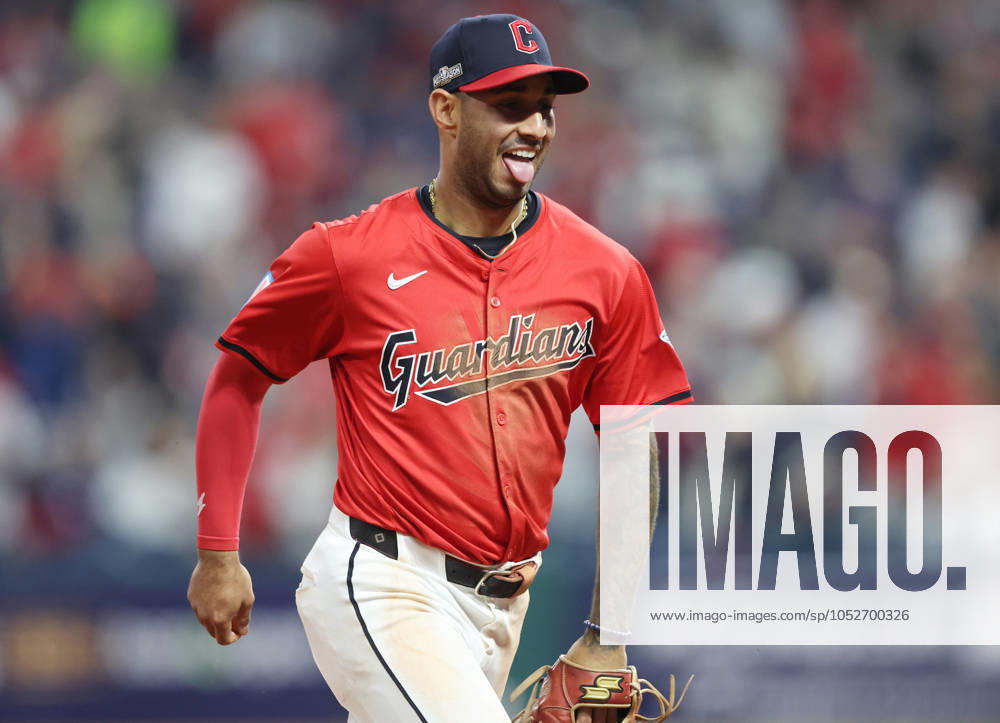 Cleveland Guardians shortstop Brayan Rocchio smiles as he leaves the field after completing a double play against the New York Yankees in the seventh inning in game five of the MLB, Baseball Herren, USA ALCS at Progressive Field in Cleveland, Ohio, on Saturday, October 19, 2024. CLE20241019828 AARONxJOSEFCZYK