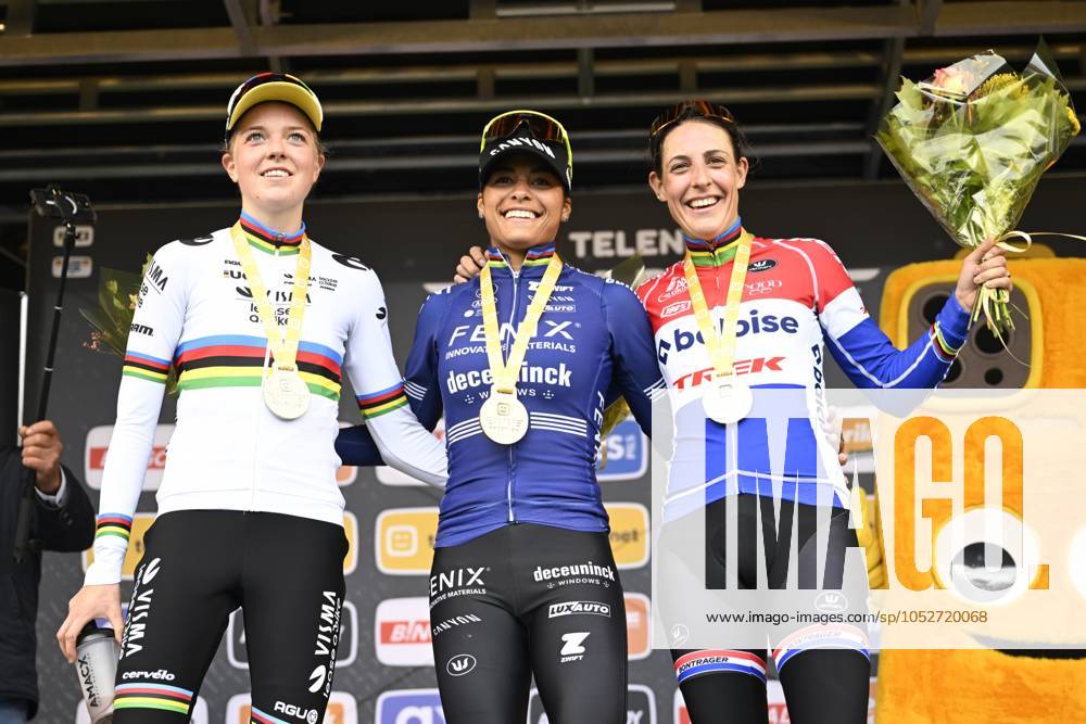 2024 Superprestige Cyclocross Ruddervoorde RUDDERVOORDE, BELGIUM - OCTOBER 20 : Van Empel Fem (NED) of Visma Lease A Bike, Alvarado Ceylin del Carmen (NED) of Fenix - Deceuninck and Brand Lucinda (NED) of Baloise Trek Lions pictured during the podium ceremony of the 1st leg of the women elite 2024 - 2025 Telenet Superprestige cyclocross race of Ruddervoorde on October 20, 2024 in Ruddervoorde, Belgium, 20 10 2024 Ruddervoorde Belgium