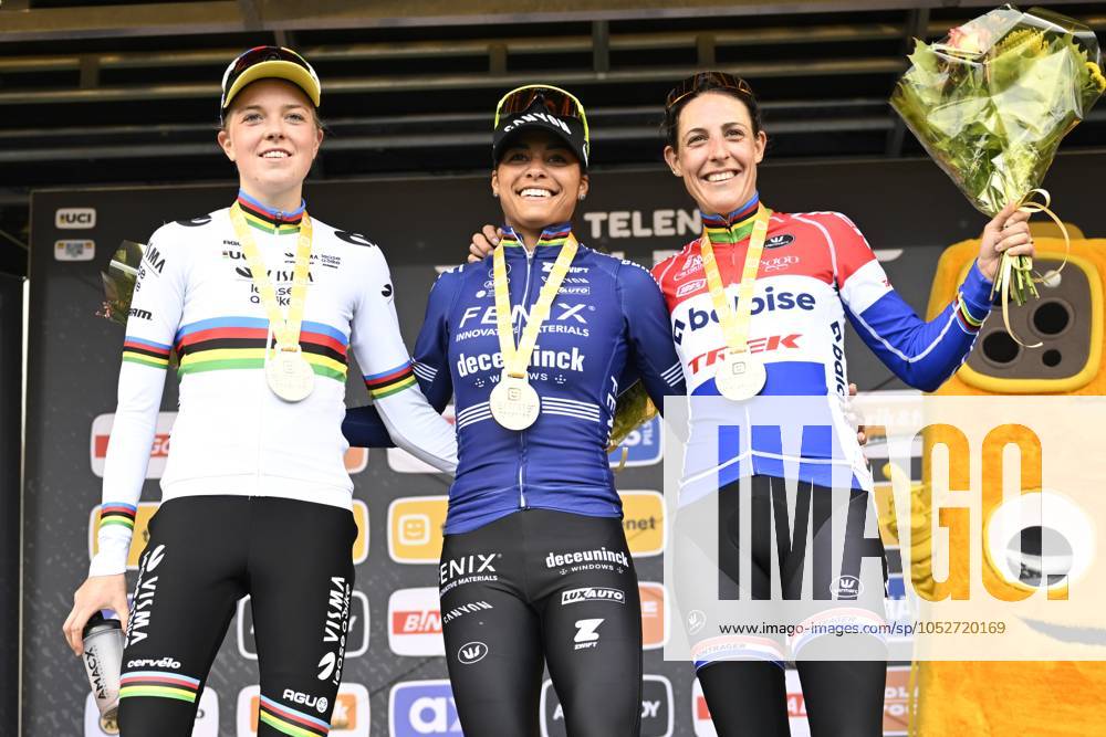 2024 Superprestige Cyclocross Ruddervoorde RUDDERVOORDE, BELGIUM - OCTOBER 20 : Van Empel Fem (NED) of Visma Lease A Bike, Alvarado Ceylin del Carmen (NED) of Fenix - Deceuninck and Brand Lucinda (NED) of Baloise Trek Lions pictured during the podium ceremony of the 1st leg of the women elite 2024 - 2025 Telenet Superprestige cyclocross race of Ruddervoorde on October 20, 2024 in Ruddervoorde, Belgium, 20 10 2024 Ruddervoorde Belgium